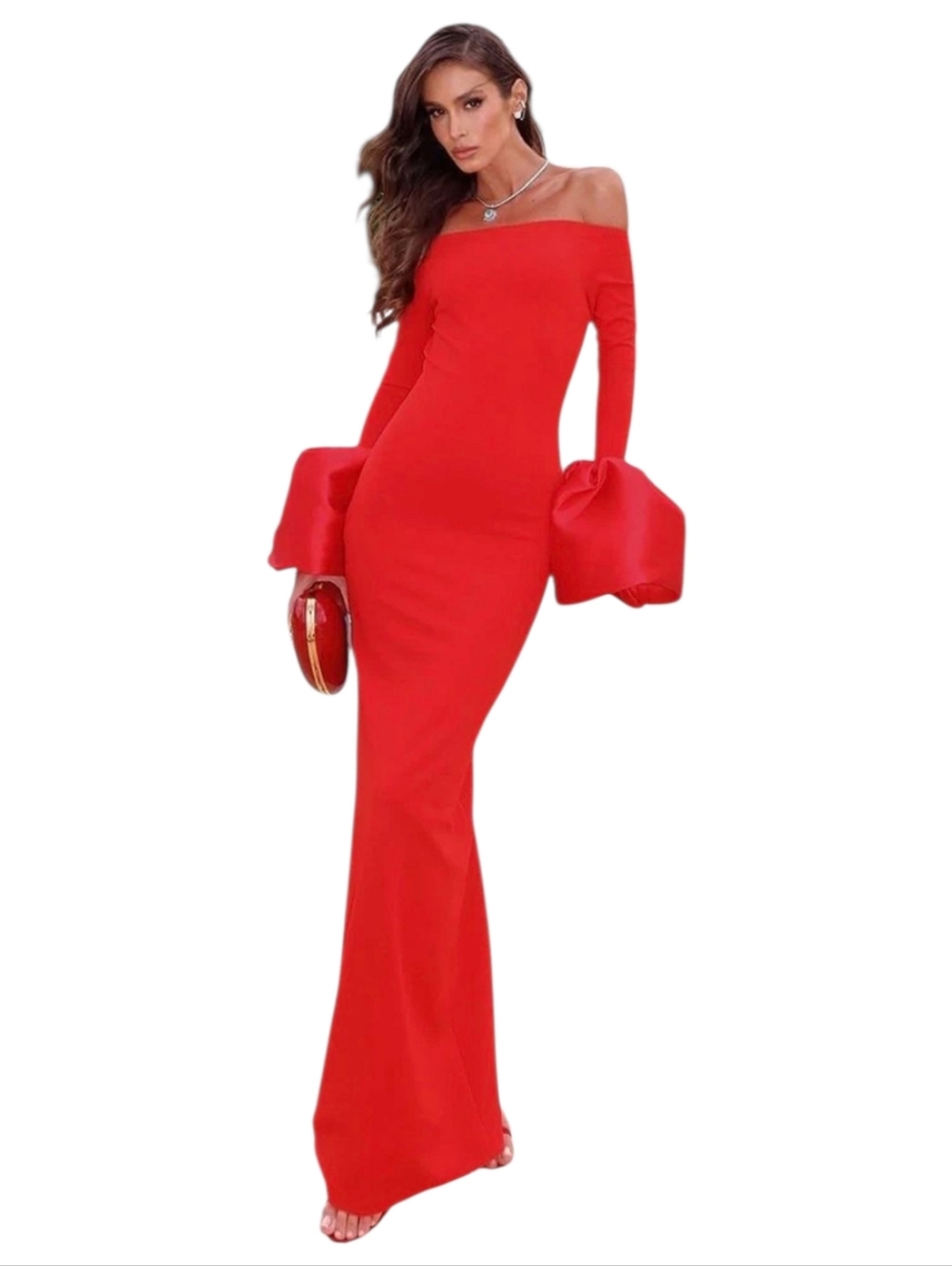 COMMENSE Off-Shoulder Puff Sleeve Red Maxi Dress Formal Evening Gown Sz. Large
